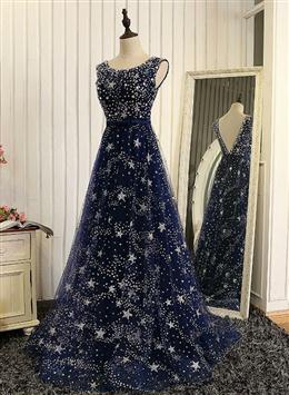 Picture of Navy Blue Shiny Tulle A-line Round Neckline Long Party Dresses, Blue Prom Dress